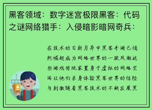 黑客领域：数字迷宫极限黑客：代码之谜网络猎手：入侵暗影暗网奇兵：虚拟风暴比特空间：黑客之争